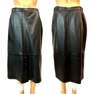 Vintage Soft Luxe Black Leather MIDI Skirt | Straight w Button Detail | W 29"
